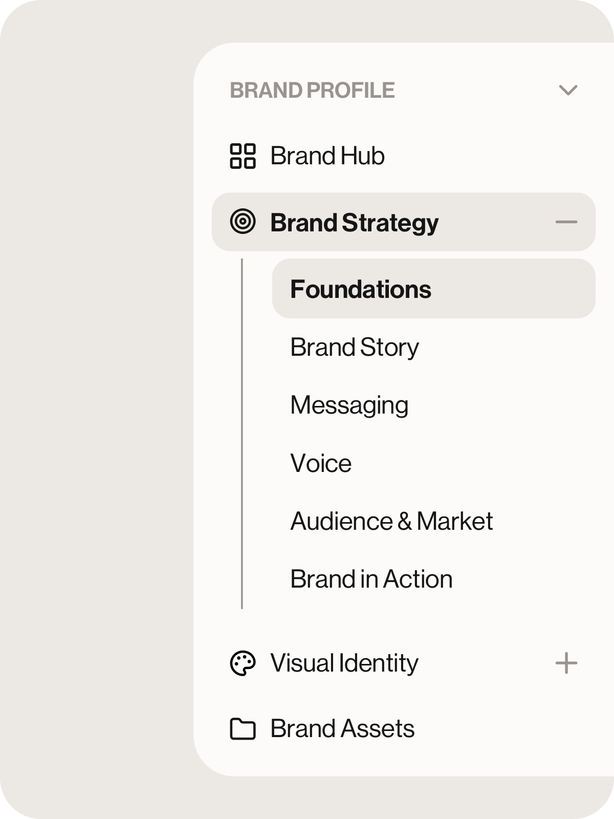 Brand Strategy builder interface showing the Brand Profile navigation