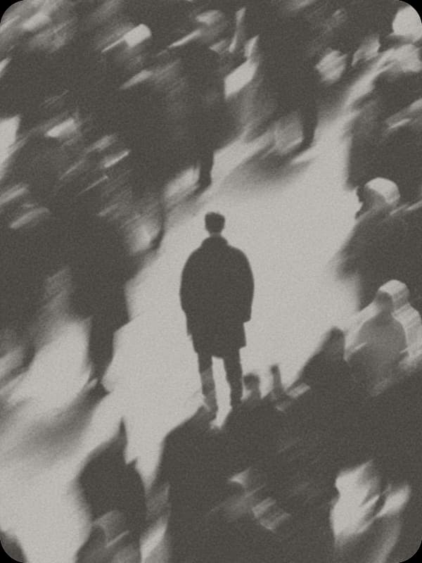 Monochrome photography, lone still figure against motion-blurred crowd
